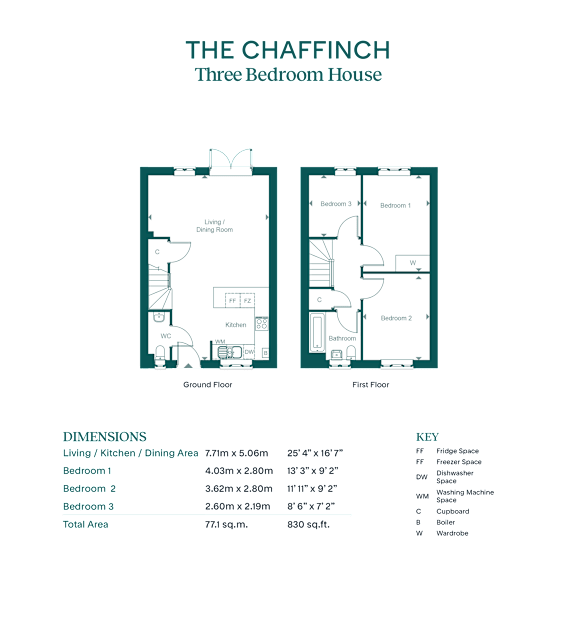 A floor plan for a three bedroom house with a living room, dining room, and kitchen.