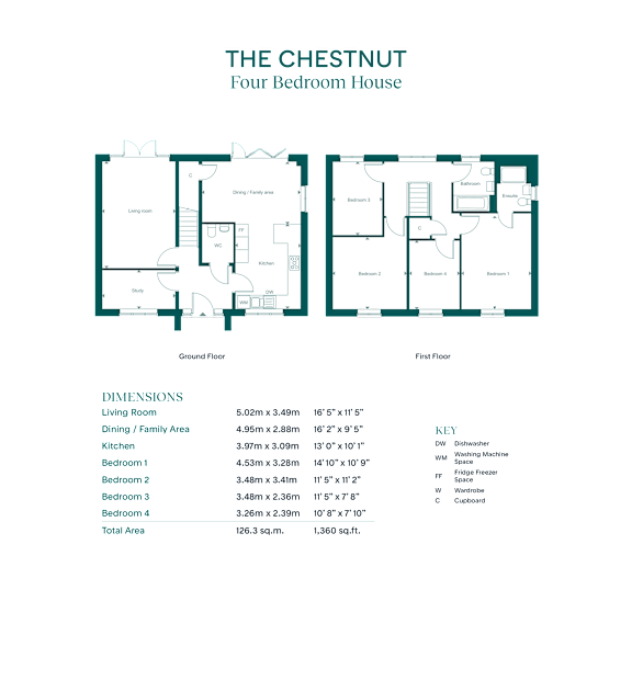 A floor plan and details of a four bedroom house named The Chestnut.