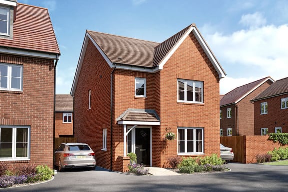 a rendering of a brick house with a car parked in front of it
