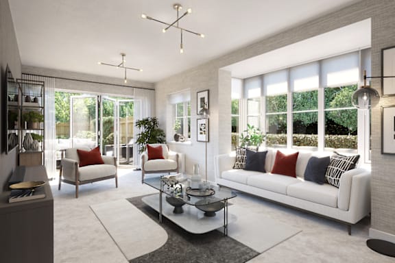 A modern living room with a white sofa and a coffee table.