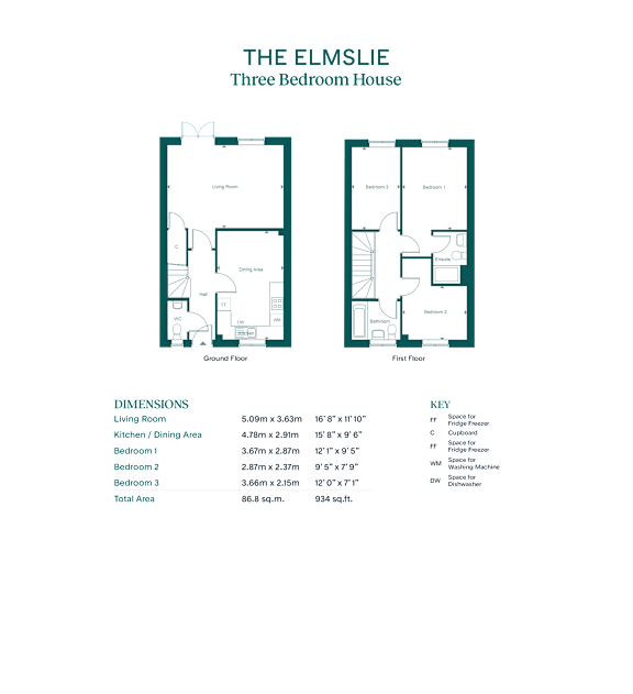 A floor plan for The Elmslie Three Bedroom Flat.