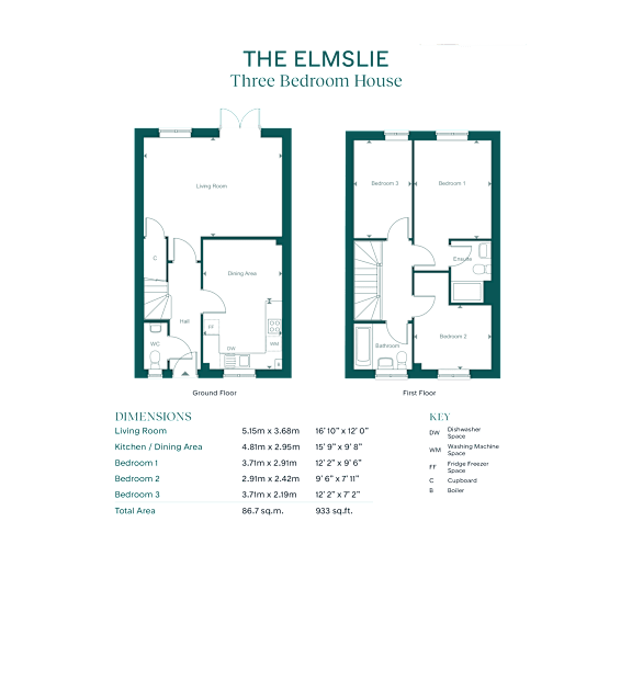 A floor plan for The Elmslie Three Bedroom House is displayed.