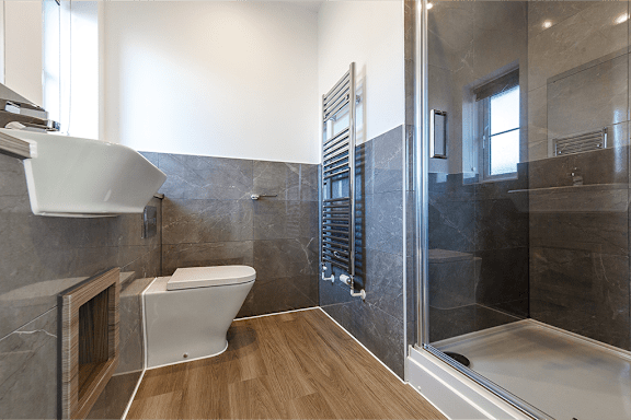 A modern bathroom with a walk-in shower and a toilet.