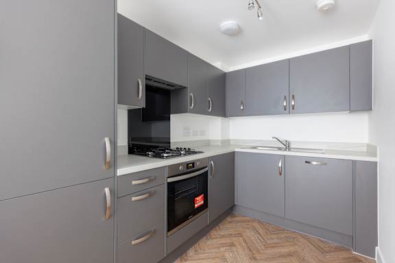 A modern kitchen with grey cabinets and a wooden floor.
