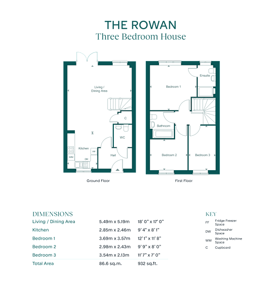 A floor plan for a three bedroom house with a living and dining area, kitchen, and bathrooms.