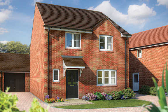 A red brick house with a black front door and windows.