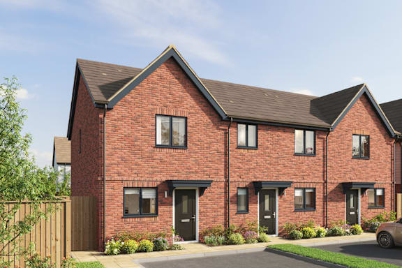 A red brick house with a black door and windows.