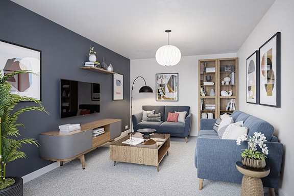 A living room with a grey couch, a wooden coffee table, and a grey cabinet.