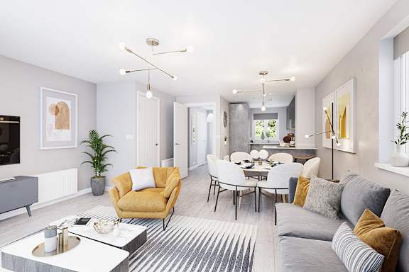 A living room with a grey sofa, a yellow armchair, and a coffee table.
