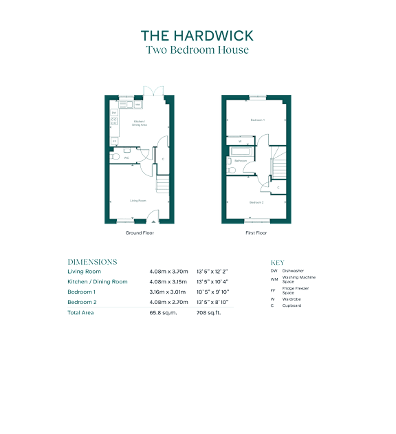 A floor plan for a two bedroom house is displayed with the dimensions of each room.