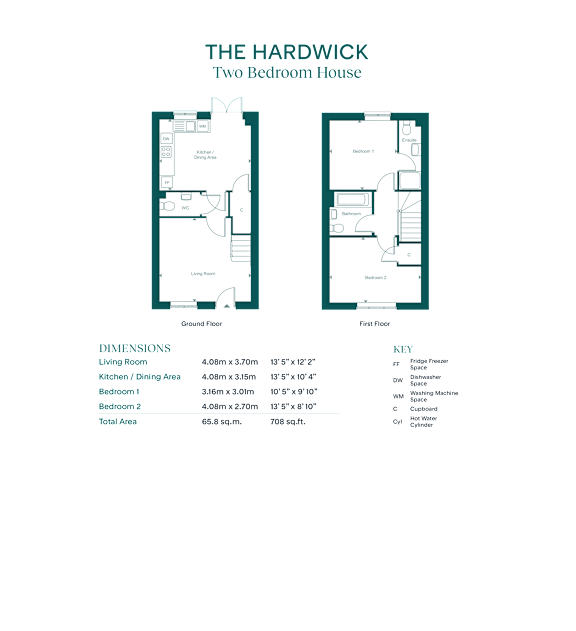 A floor plan for a two bedroom house with a living room, dining room, kitchen, and bathroom.