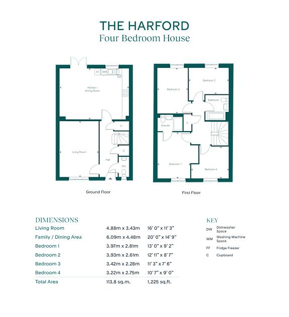 A floor plan for a four bedroom house is displayed with the living room, family room, and bathrooms on the first floor, and the bedrooms on the second floor.