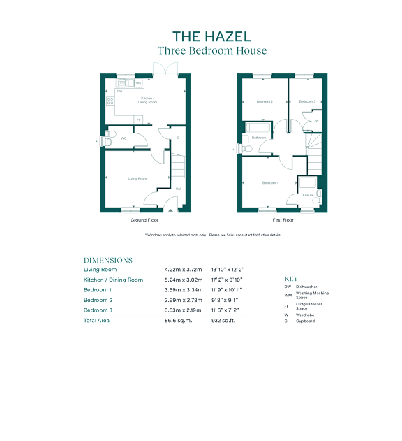 A floor plan and specifications for a three bedroom house named The Hazel.