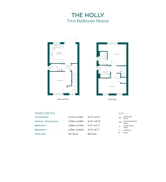 A floor plan for a two bedroom house is displayed with dimensions and measurements.