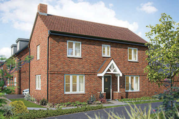 A red brick house with a black door and windows.