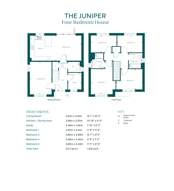 A floor plan and details of a four bedroom house named The Juniper.