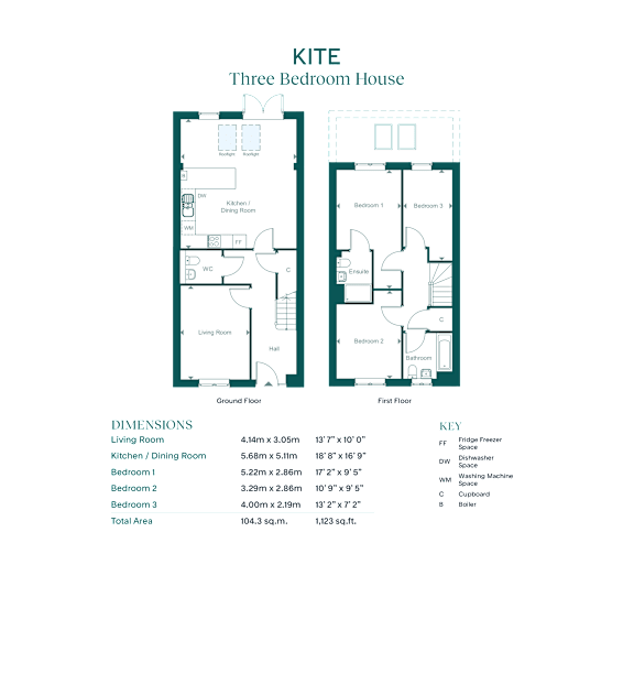 A floor plan of a three bedroom house with a detailed description of the dimensions of each room.