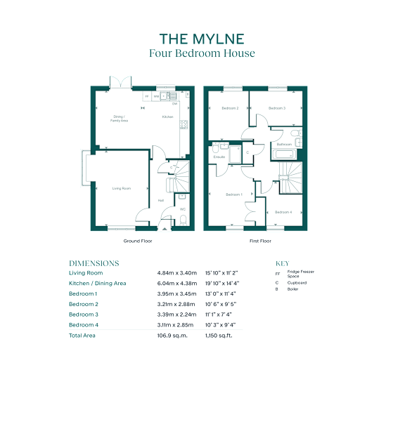 A floor plan of a four bedroom house with a detailed description of the dimensions of each room.