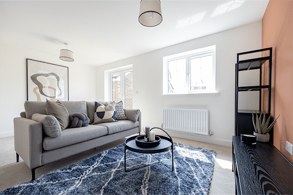 A living room with a grey couch and a blue rug.