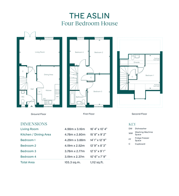 A diagram of a four bedroom house with labeled rooms and dimensions.