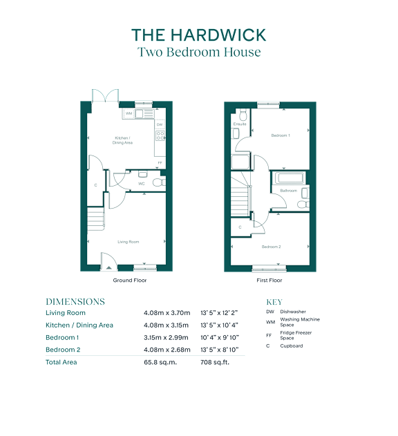 A floor plan for a two bedroom house is displayed with measurements for each room.