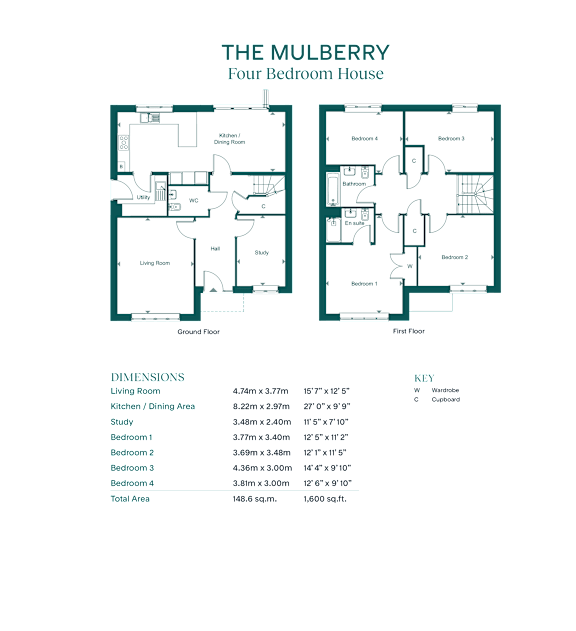 A floor plan of a four bedroom house with a living room, dining room, study, and three bedrooms.