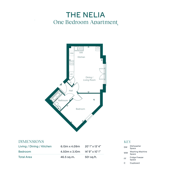 A floor plan of a one bedroom apartment with a kitchen, living room, dining room, bathroom, and bedroom.