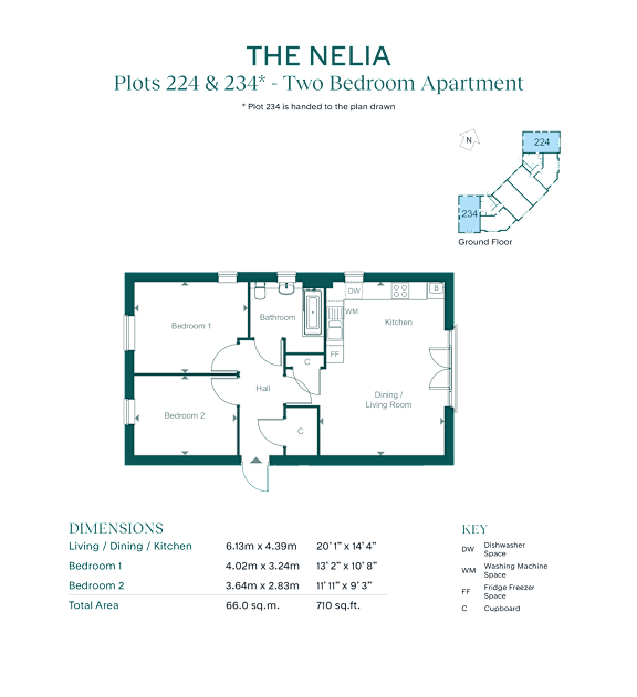 A floor plan for The Nelia apartment complex shows two bedrooms and a kitchen.