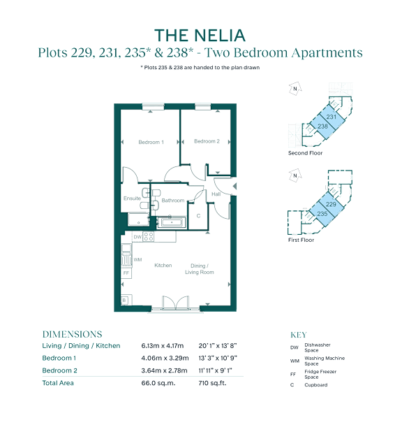 A floor plan for two bedroom apartments at THE Nelia.
