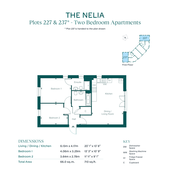 A floor plan for two bedroom apartments at The Nelia.
