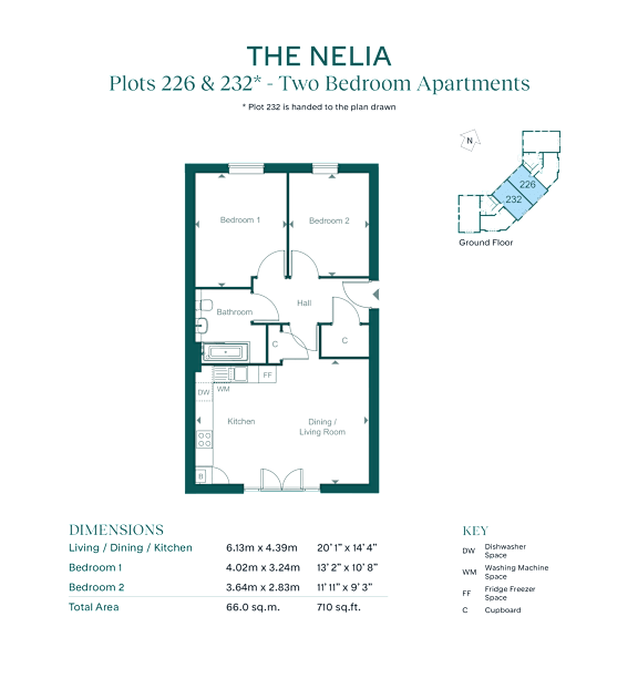 A floor plan for two bedroom apartments at The Nelia.