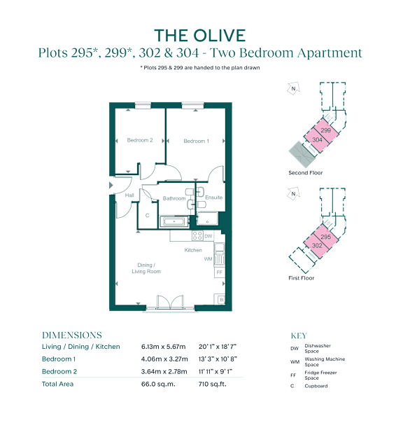 A floor plan for a two bedroom apartment at THE OLIVE with dimensions and a list of features.