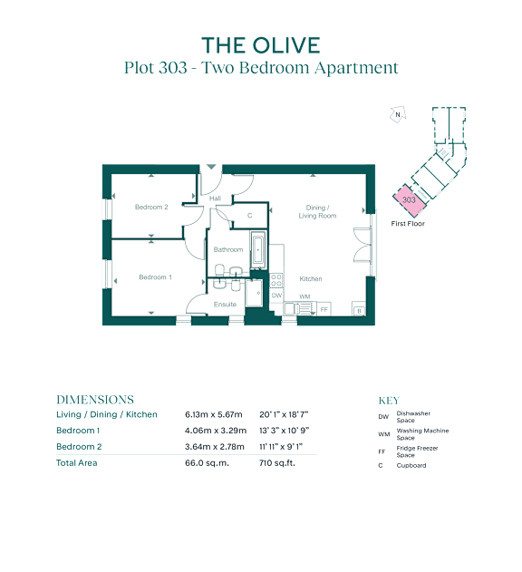 A floor plan for a two bedroom apartment named The Olive.