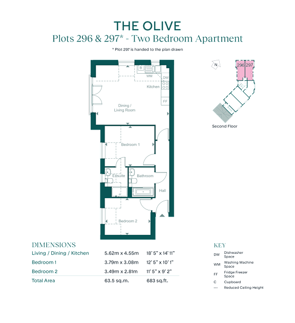 A floor plan for a two bedroom apartment at The Olive.