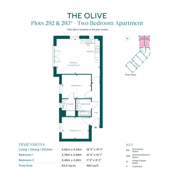 A floor plan for a two bedroom apartment at The Olive, showing the layout of the rooms and dimensions.