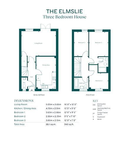 A floor plan of a three-bedroom house with a living room, dining room, kitchen, and bathrooms.
