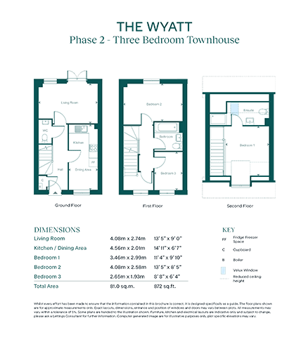A floor plan of a three bedroom townhouse.