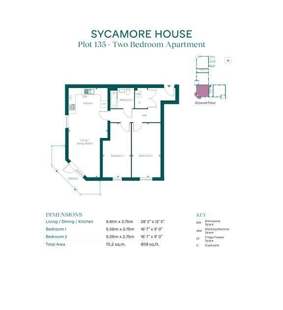 A diagram of the Sycamore House shows the layout of two bedroom apartments.