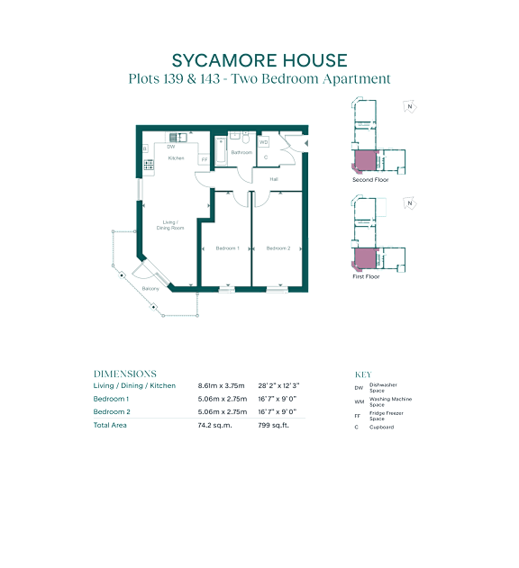 A floor plan for a two bedroom apartment at Sycamore House.