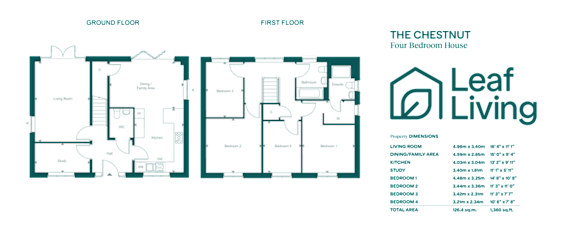 A leaf living house plan with ground and first floor layout.