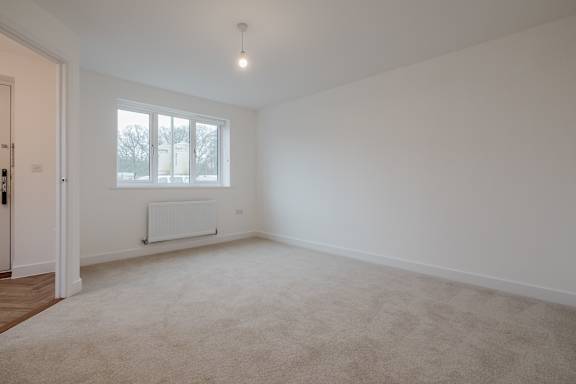 A room with a carpeted floor and a window.