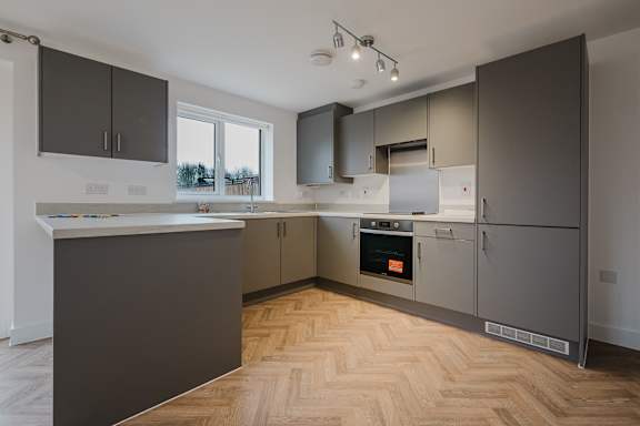 A modern kitchen with wooden flooring and grey cabinets.