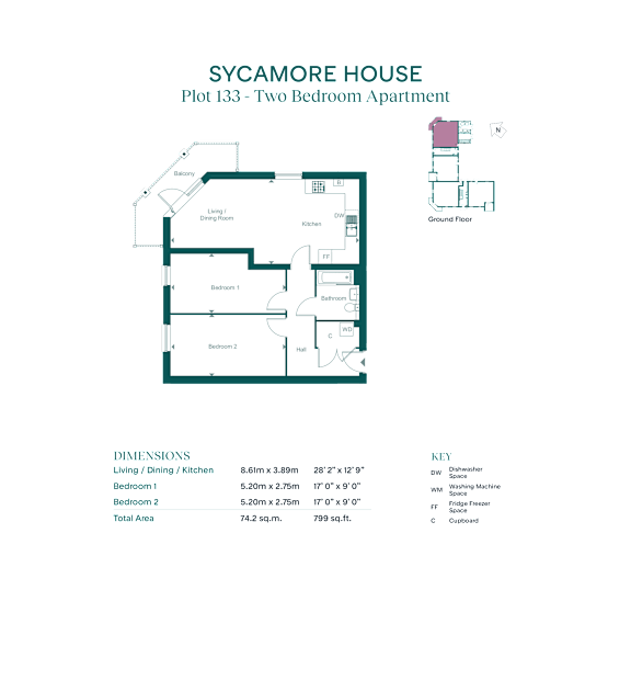 A diagram of the Sycamore House Plot 133, a two-bedroom apartment, showing the layout and dimensions of the rooms.