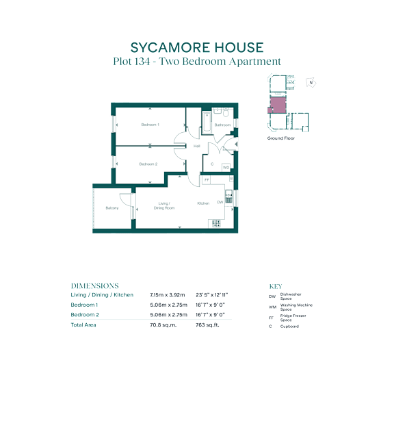 A floor plan and details of a two bedroom apartment at Sycamore House.