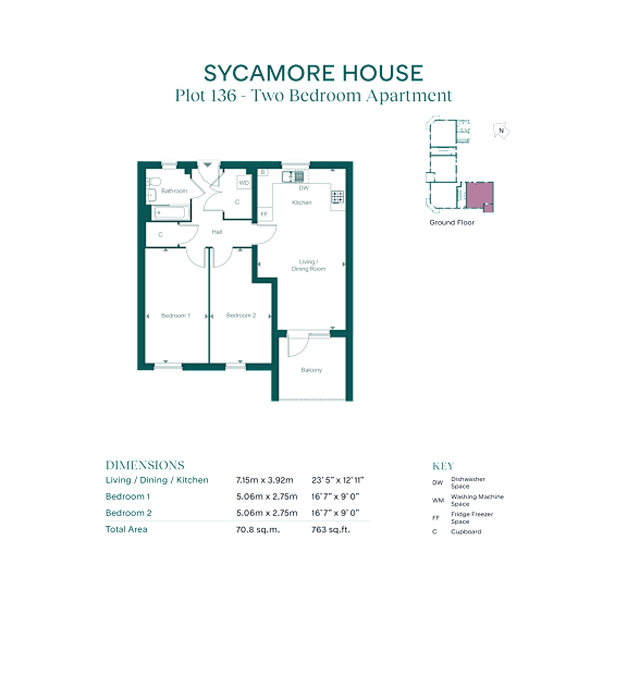 A floor plan for the Sycamore House apartment complex, specifically plot 136, a two bedroom apartment.