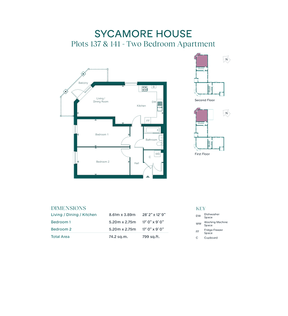 A diagram of the Sycamore House apartment layout with two bedrooms.