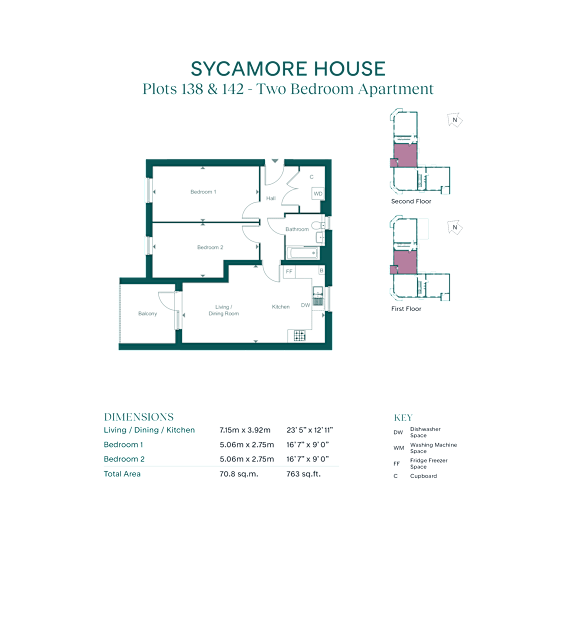 A floor plan for the Sycamore House, a two bedroom apartment, is displayed.