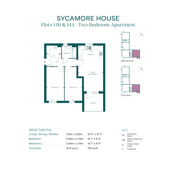 A floor plan for the Sycamore House apartment complex, which includes two bedrooms and a second floor.
