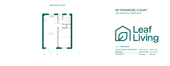A floor plan for a one bedroom apartment at Leaf Living.