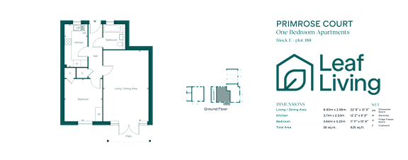 A floor plan and details for the Prim Rose Court one bedroom apartments by Leaf Living.